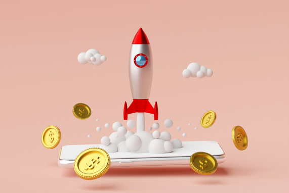 Rocket, coins, clouds